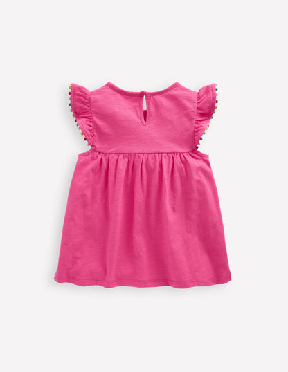 Frill Sleeve Pom Top-Flamingo Pink-2