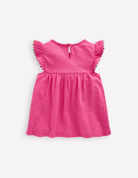 Frill Sleeve Pom Top-Flamingo Pink