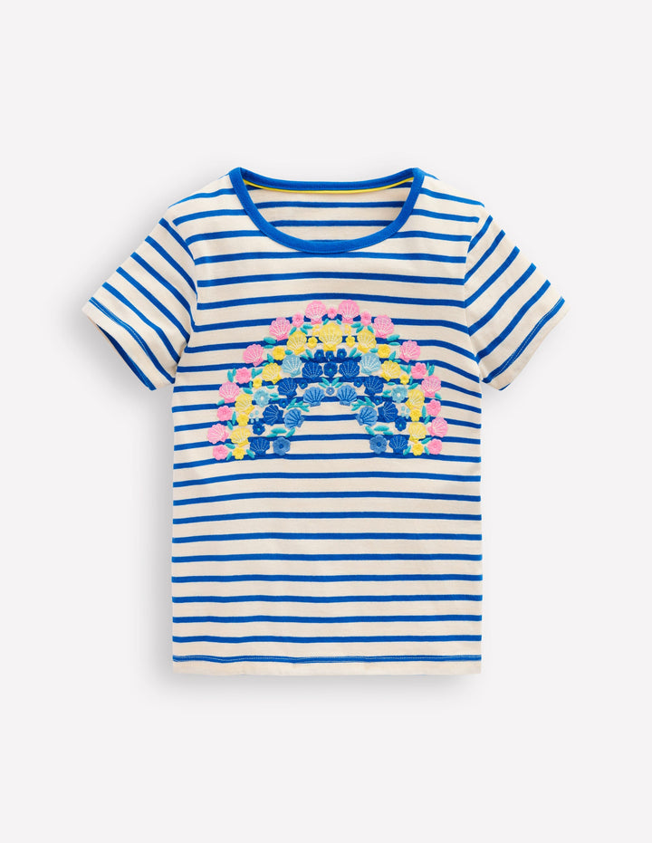 Short Sleeve Appliqué T-shirt-Peacock Plume Blue/Soft Ivory