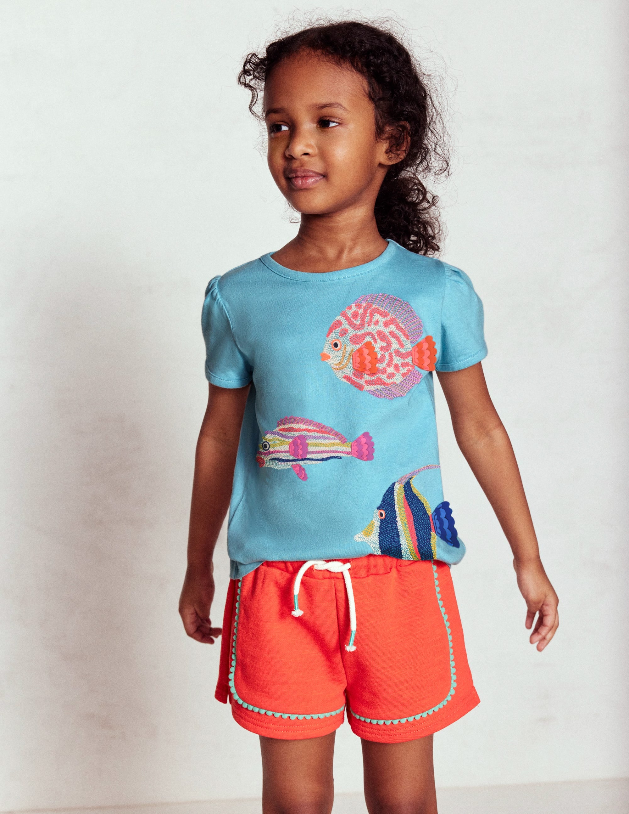 Puff Sleeve Superstitch Top-Aqua Sea Blue Fish - Image 6