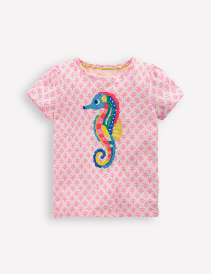 Puff Sleeve Superstitch Top-Pink Woodblock Seahorse