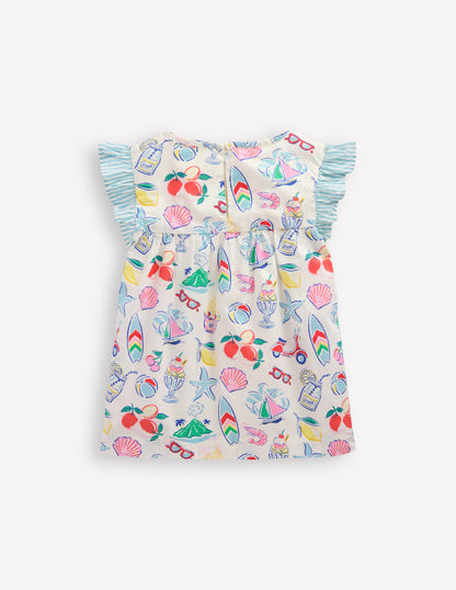 Frill Sleeve Woven Top-Ivory Holiday Print-3