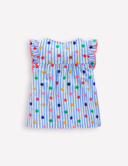 Frill Sleeve Woven Top-Peacock Plume Blue Spot-3