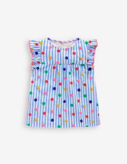 Frill Sleeve Woven Top-Peacock Plume Blue Spot-2