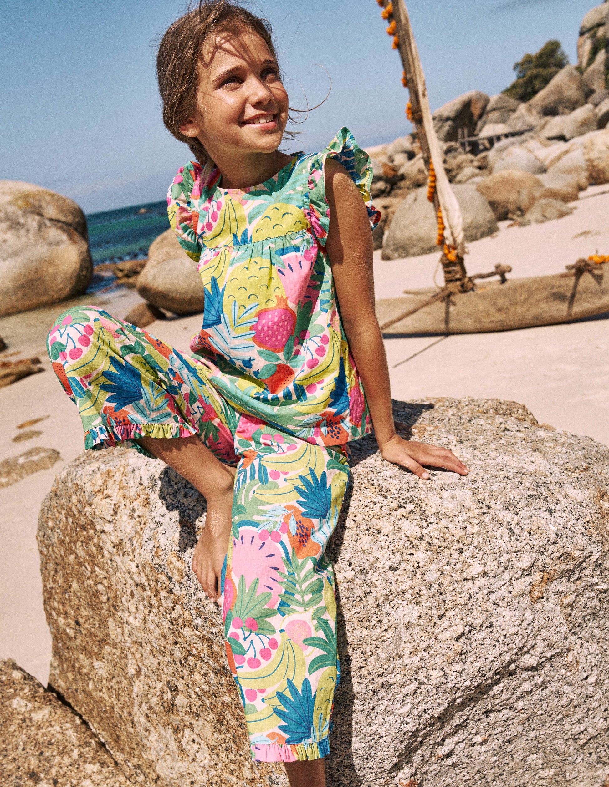 Frill Sleeve Woven Top-Multi Tropical Fruit-1