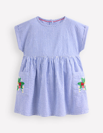 Short-sleeved woven tunic-Ticking Blue Embroidery