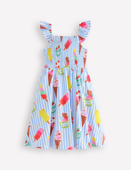 Shirred Jersey Dress-Vintage Blue Ice Cream Stripe