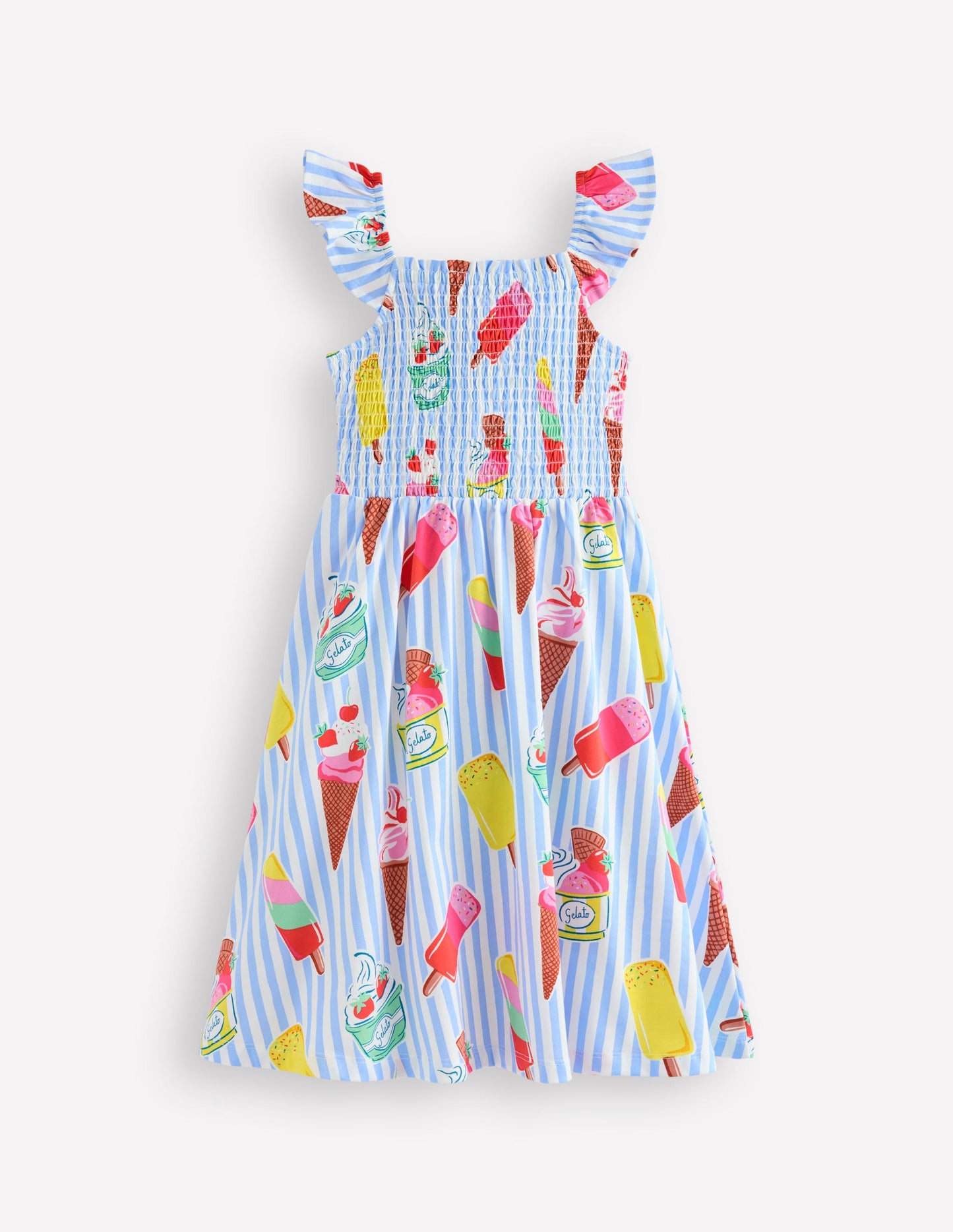 Shirred Jersey Dress-Vintage Blue Ice Cream Stripe