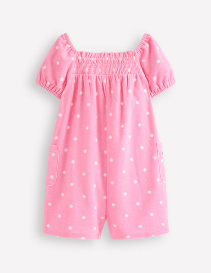 Towelling Playsuit-Pink Embroidered Fruit