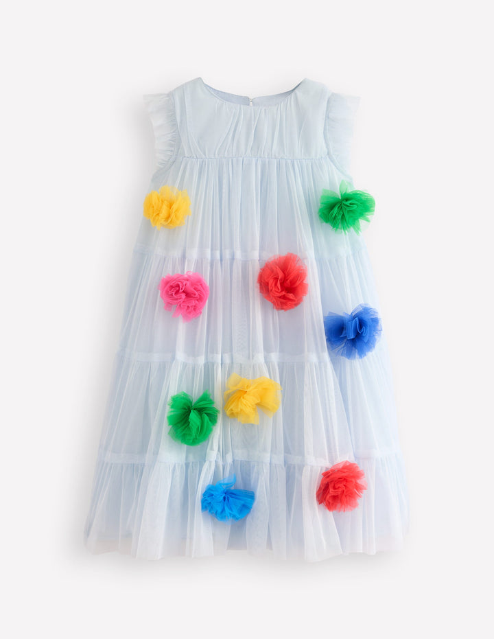 Rainbow Ombre Tulle Dress-Blue Multi Pom