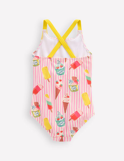 Cross-Back Printed Swimsuit-Vintage Pink Ice Cream Stripe