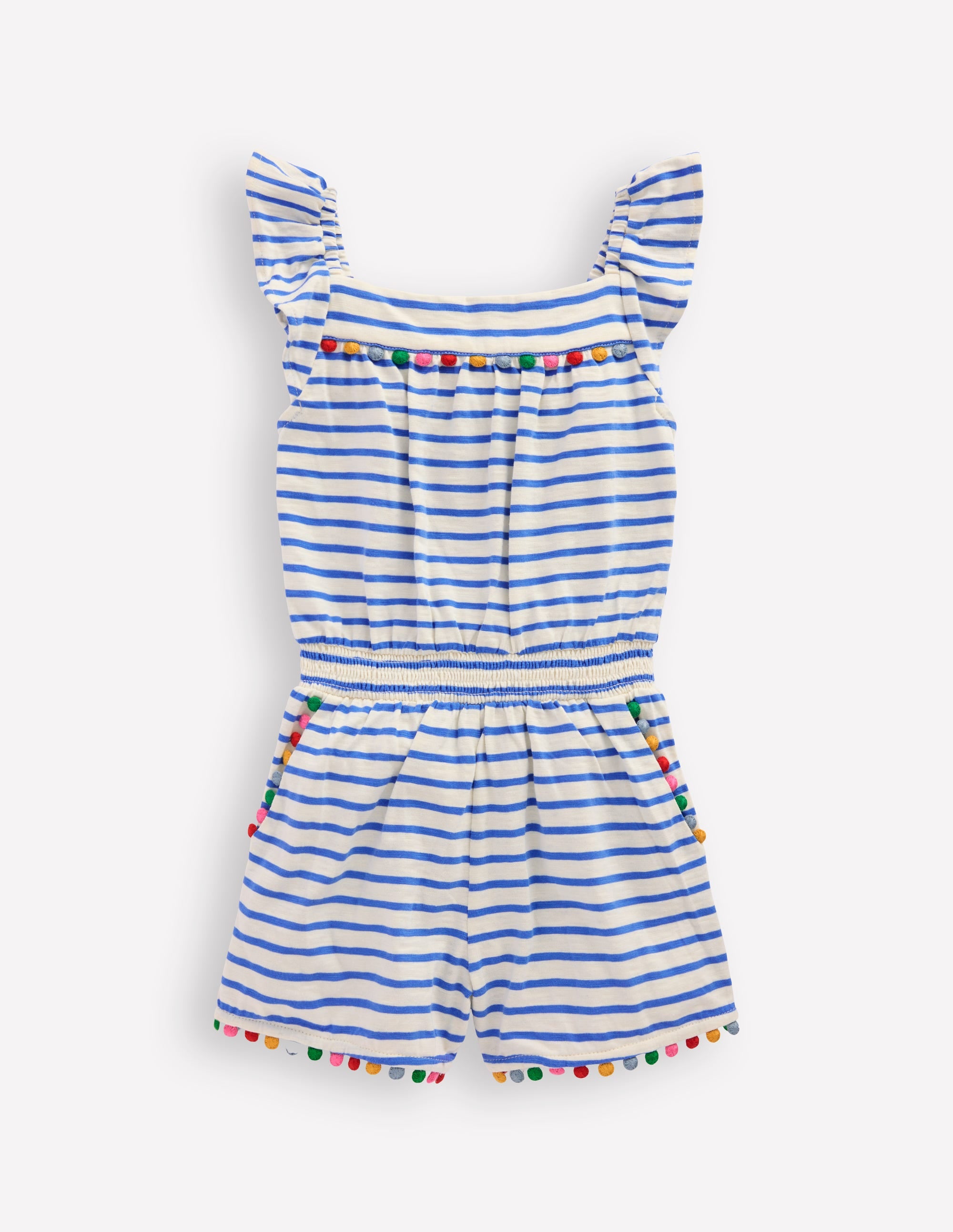 Ciara Pom Trim Jersey Playsuit-Ivory/ Azure Blue Stripe - Image 1