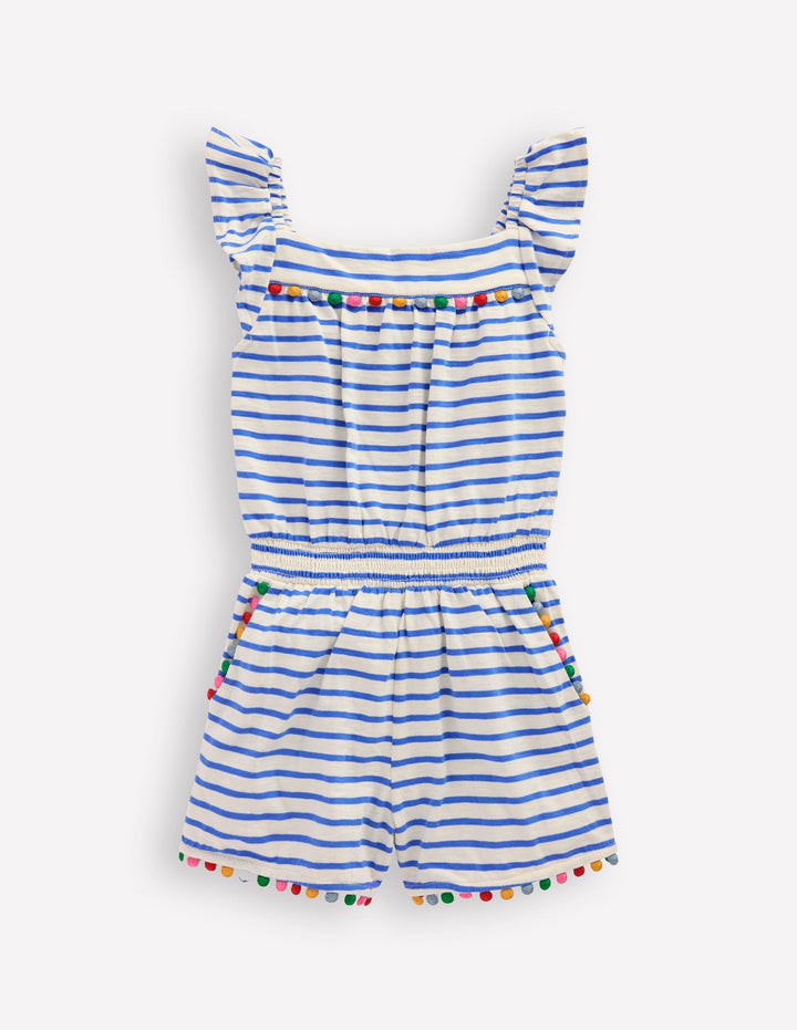 Ciara Pom Trim Jersey Playsuit-Ivory/ Azure Blue Stripe