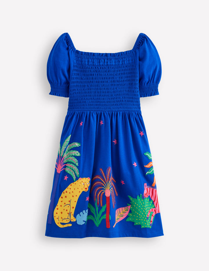 Clare Shirred Appliqué Dress-Blue Safari Animals