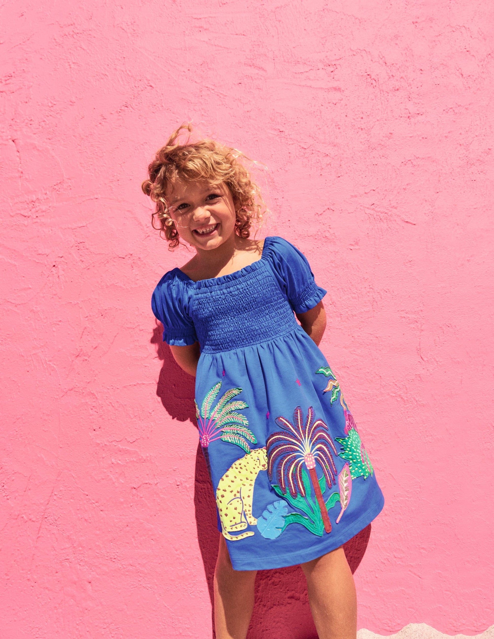 Clare Shirred Appliqué Dress-Blue Safari Animals-4