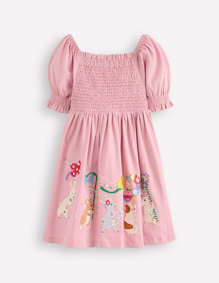 Clare Shirred Appliqué Dress-Vintage Pink May Day Animals