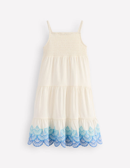 Enza Broderie Hem Jersey Dress-Soft Ivory Shells