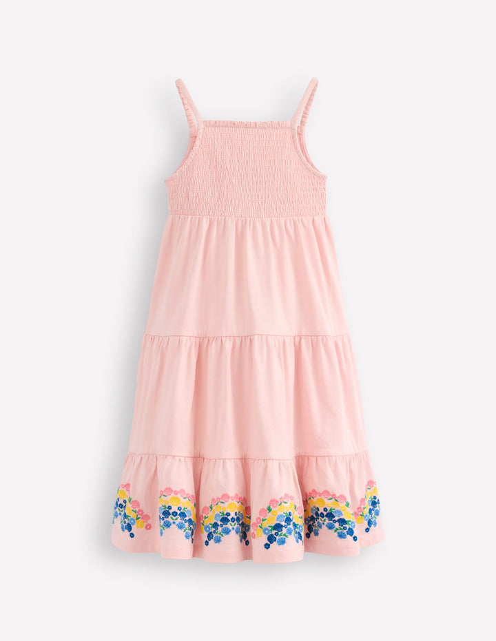 Enza Broderie Hem Jersey Dress-Chalk Pink Rainbows