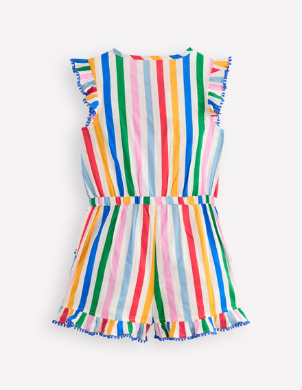 Button Through Ruffle Playsuit-Rainbow Multi Stripe