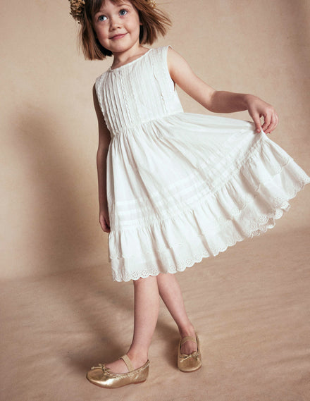 Pintuck Lace Trim Dress-Soft Ivory
