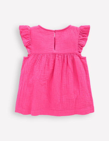 Double Cloth Frill Sleeve Top-Sorbet Pink Embroidered