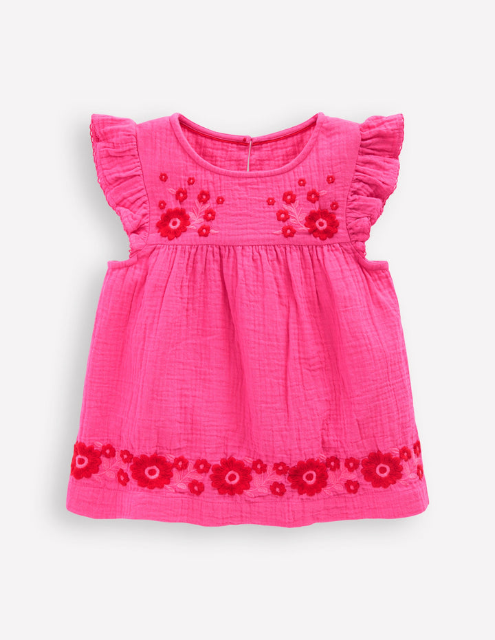 Double Cloth Frill Sleeve Top-Sorbet Pink Embroidered