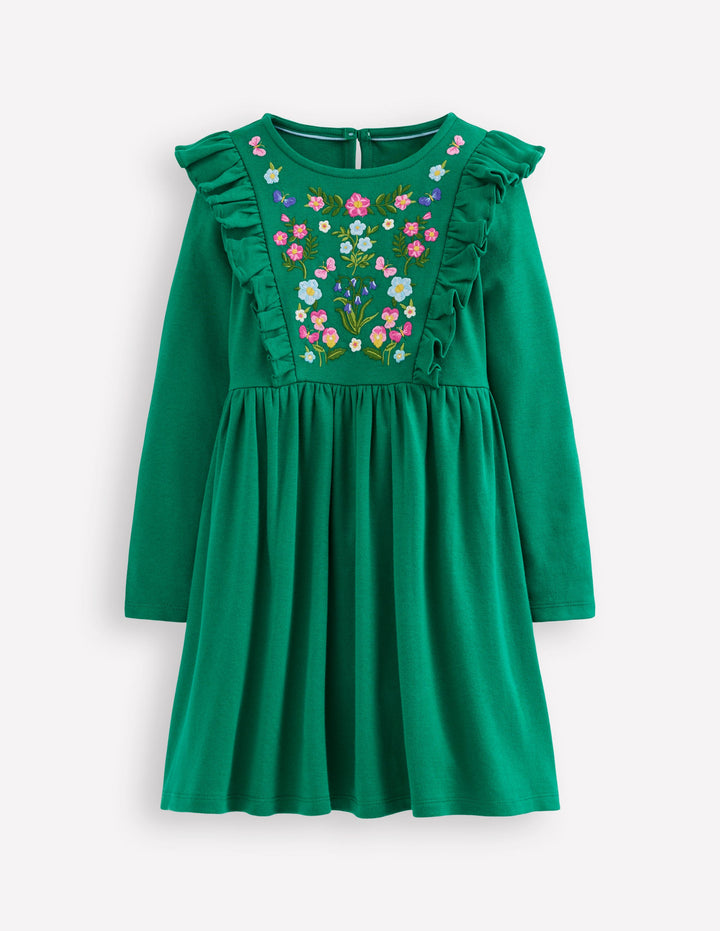 Embroidered Bodice Dress-Jewel Green