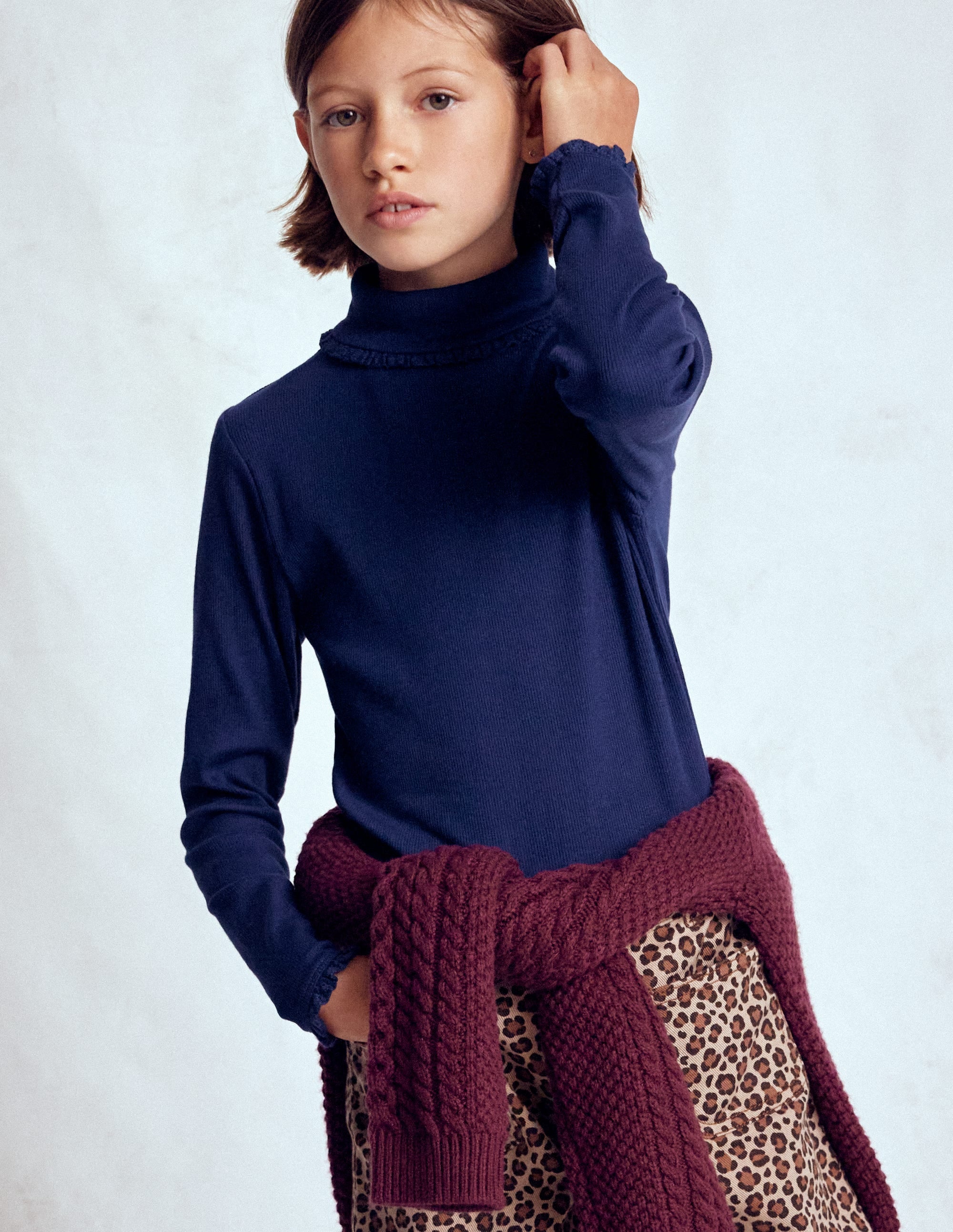 Ribbed Roll Neck Top-College Navy - Image 1