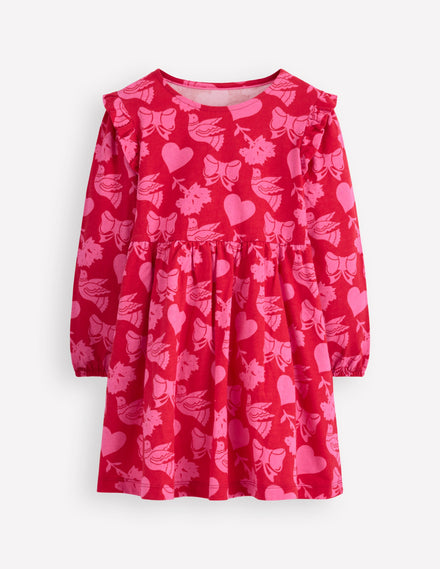 Posie Long Sleeve Jersey Dress-Rockabilly Red Festive Fun