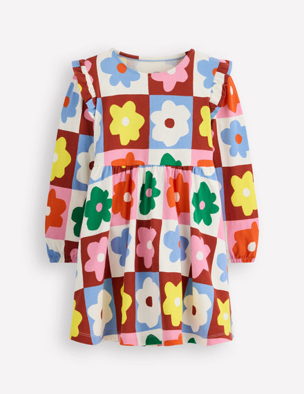 Posie Long Sleeve Jersey Dress-Multi Flower Check