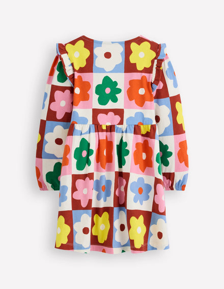 Posie Long Sleeve Jersey Dress-Multi Flower Check