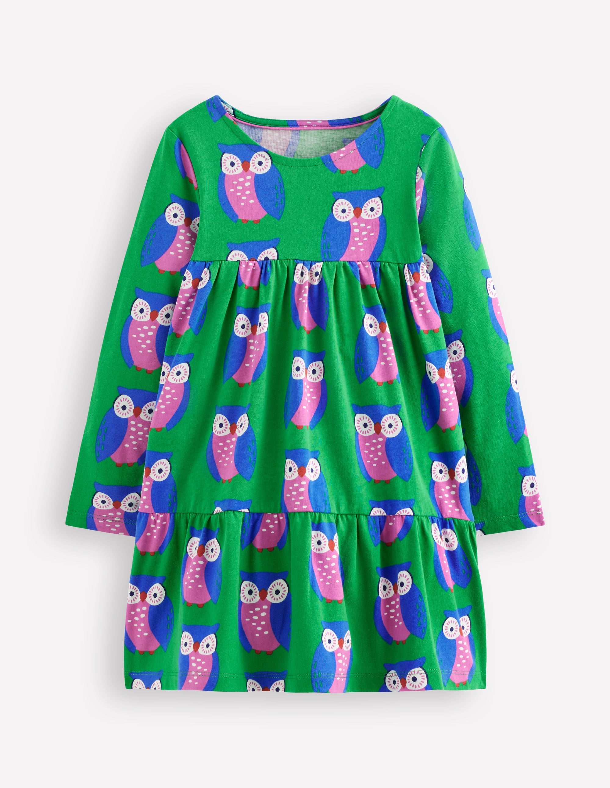 Ariel Long Sleeve Twirly Dress-Rich Emerald Geo Owls - Image 1