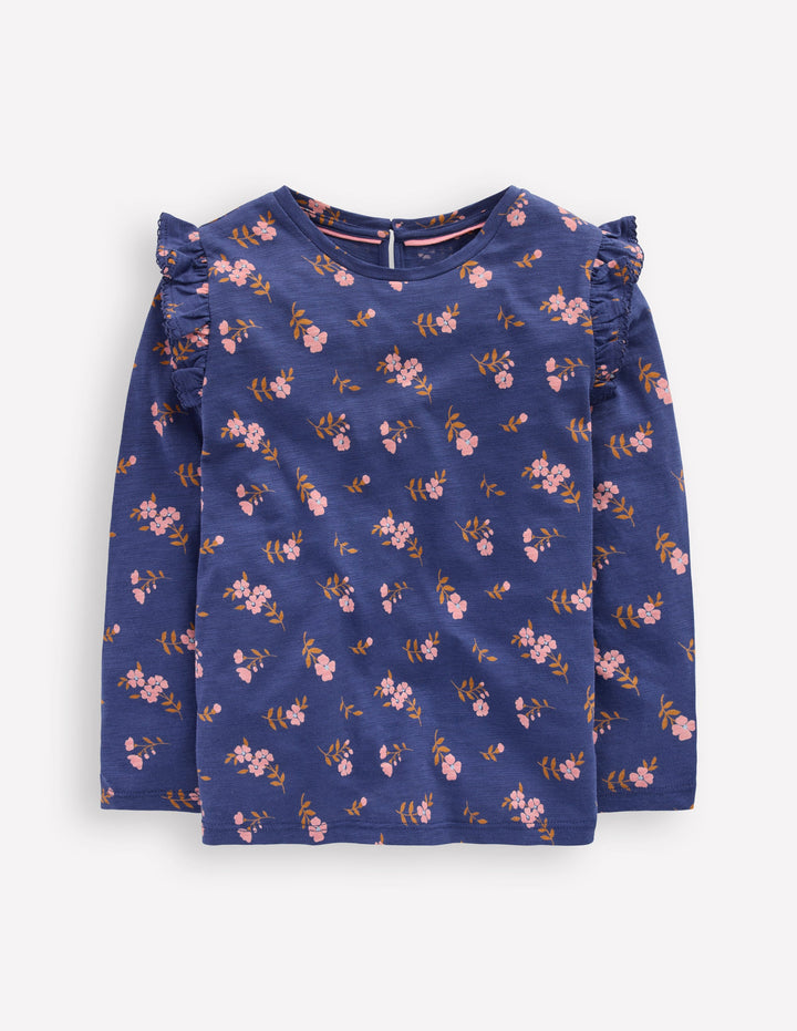 Frill Sleeve Slub Top-Starboard Blue Floral