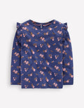 Frill Sleeve Slub Top-Starboard Blue Floral