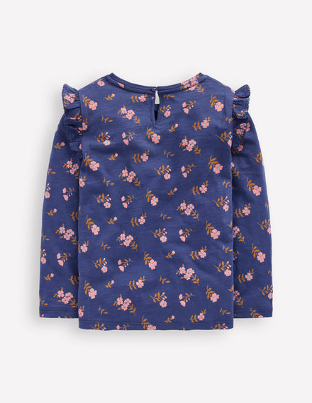 Frill Sleeve Slub Top-Starboard Blue Floral