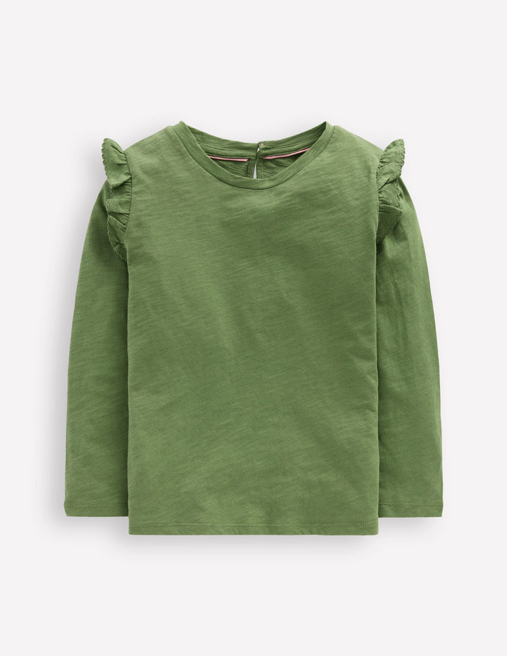 Frill Sleeve Slub Top-Safari Green