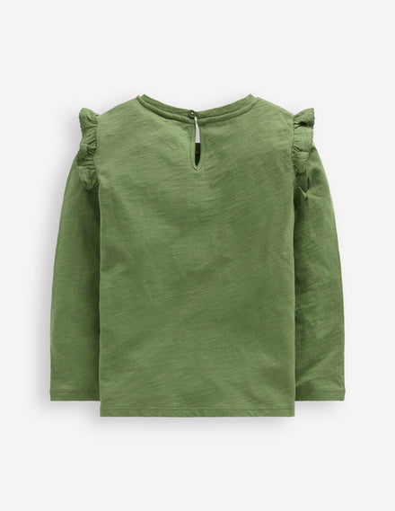 Frill Sleeve Slub Top-Safari Green
