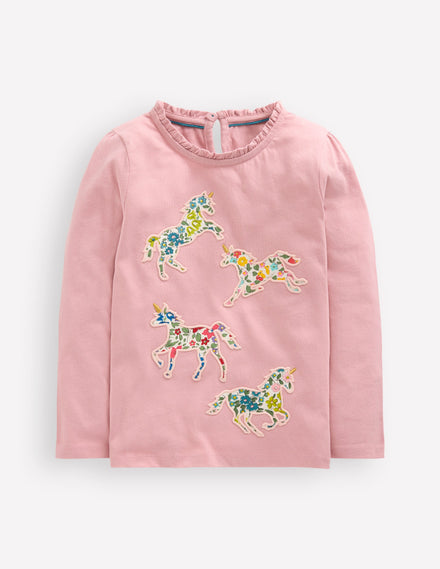 Frill Neck Appliqué T-shirt-Vintage Pink Unicorn