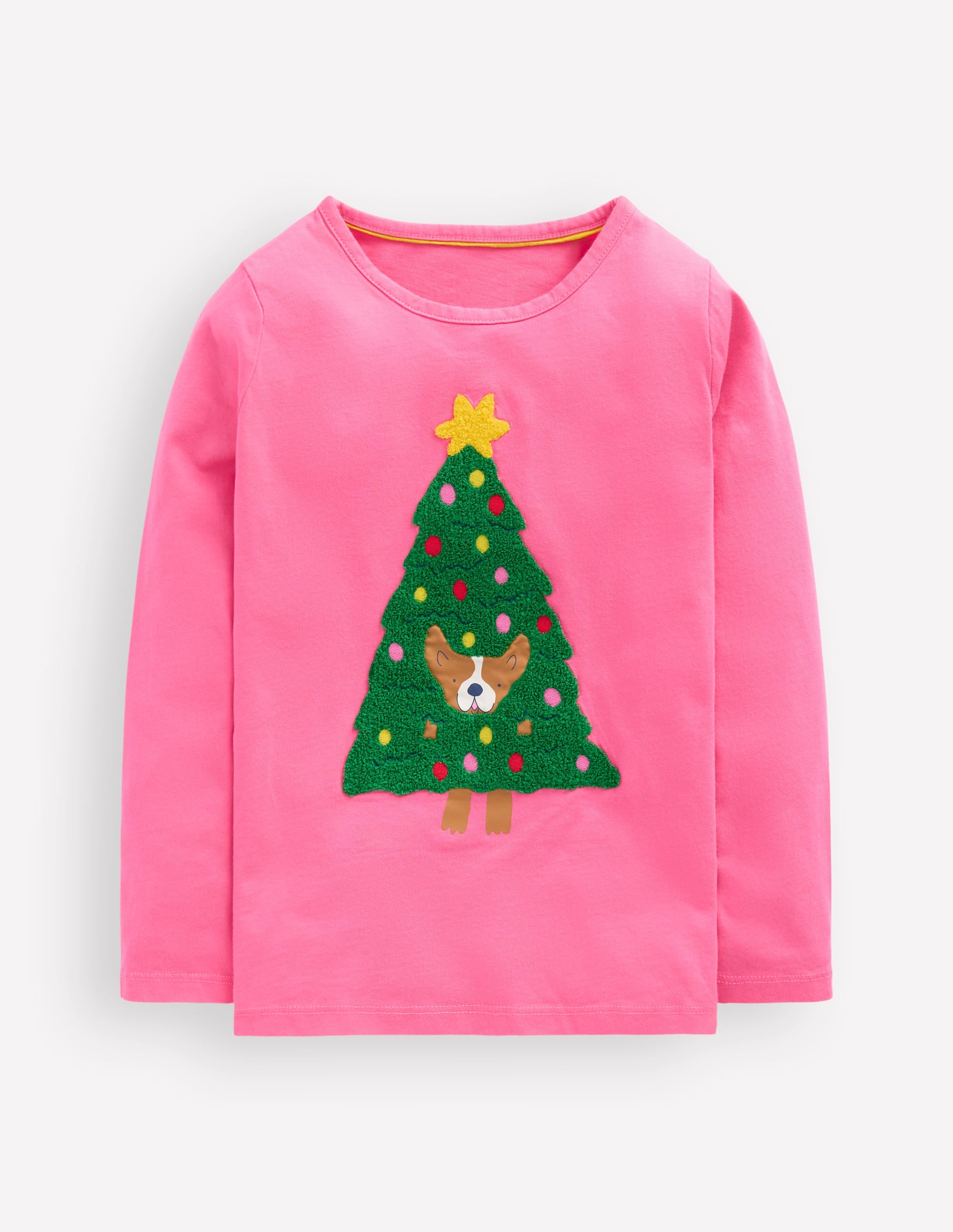 Long Sleeve Bouclé T-shirt-Pink Christmas Tree Dog - Image 1