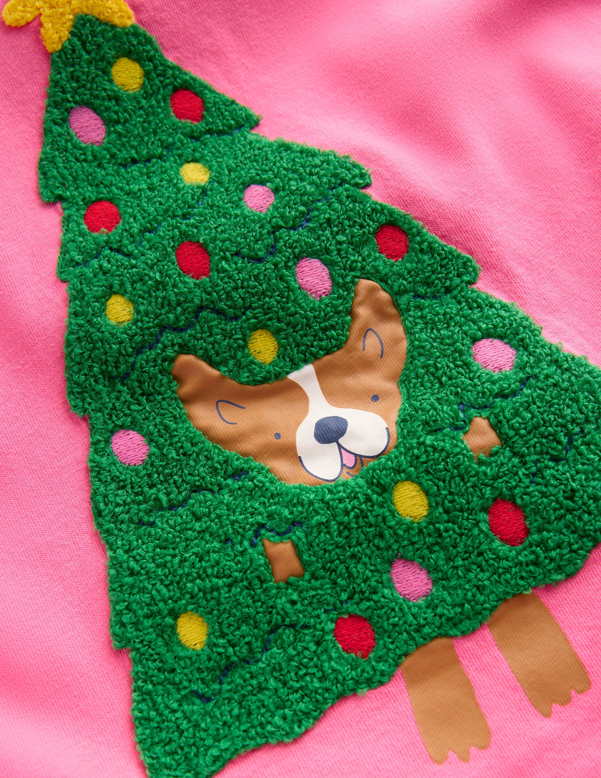 Long Sleeve Bouclé T-shirt-Pink Christmas Tree Dog - Image 3
