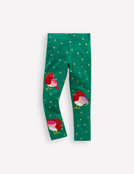 Appliqué Leggings-Jewel Green Robins