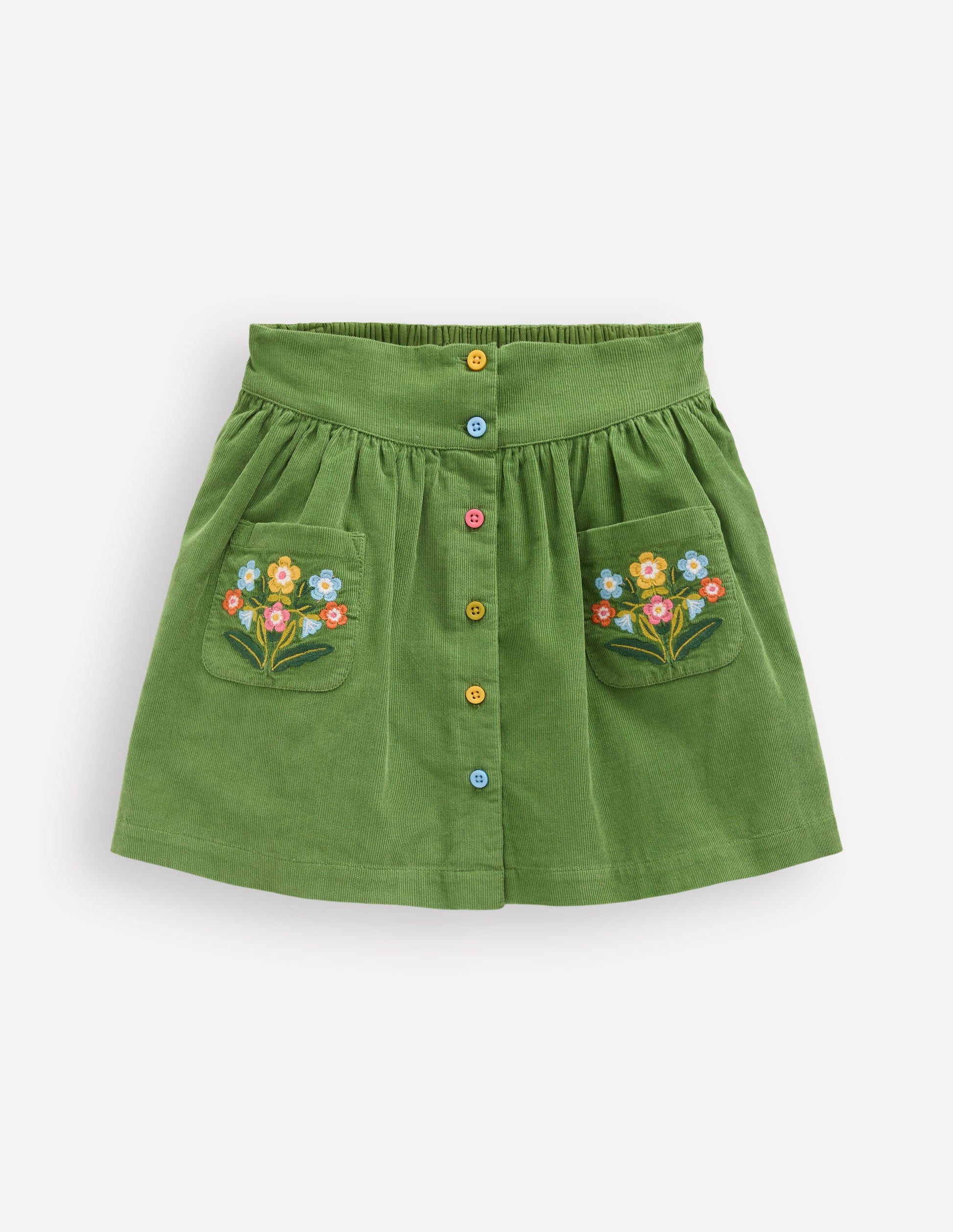 Button-through Mini Skirt-Broccoli Green Flowers-2