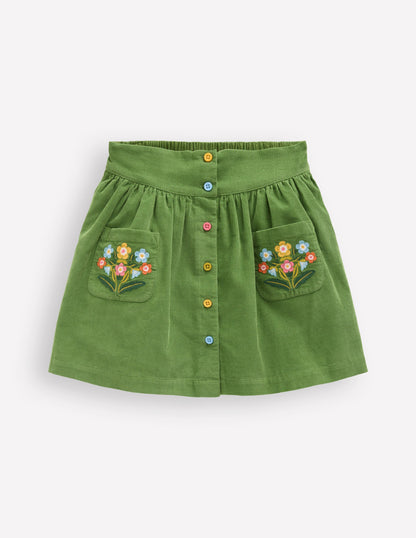 Button-through Mini Skirt-Broccoli Green Flowers-2