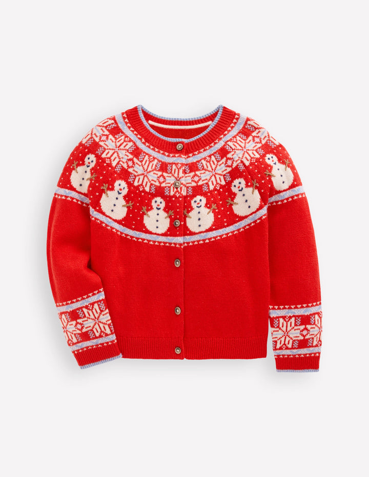 Edie Fair Isle Cardigan-Poppy Red Snowman