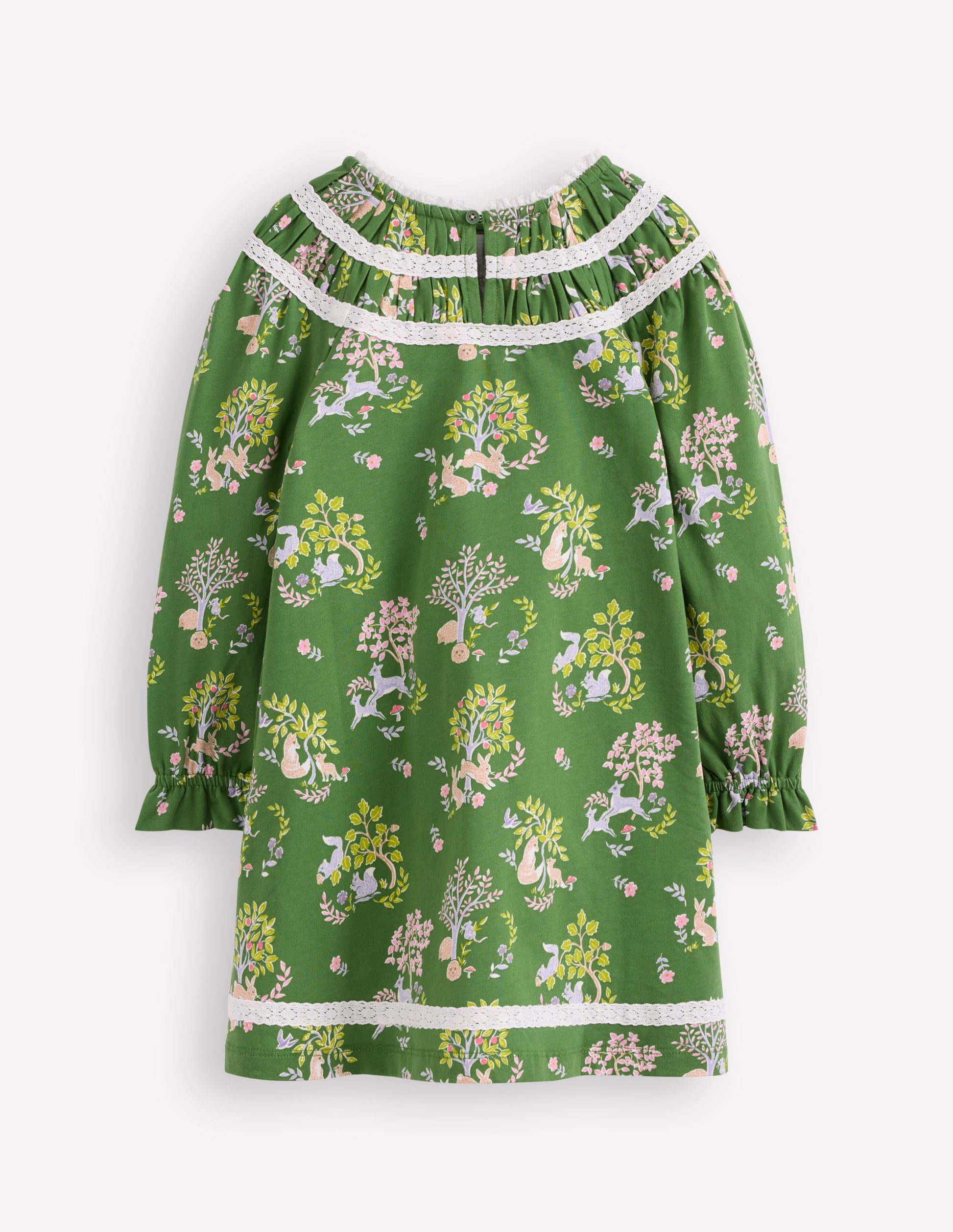 Pretty Lace Trim Jersey Dress-Green Woodland Floral-2