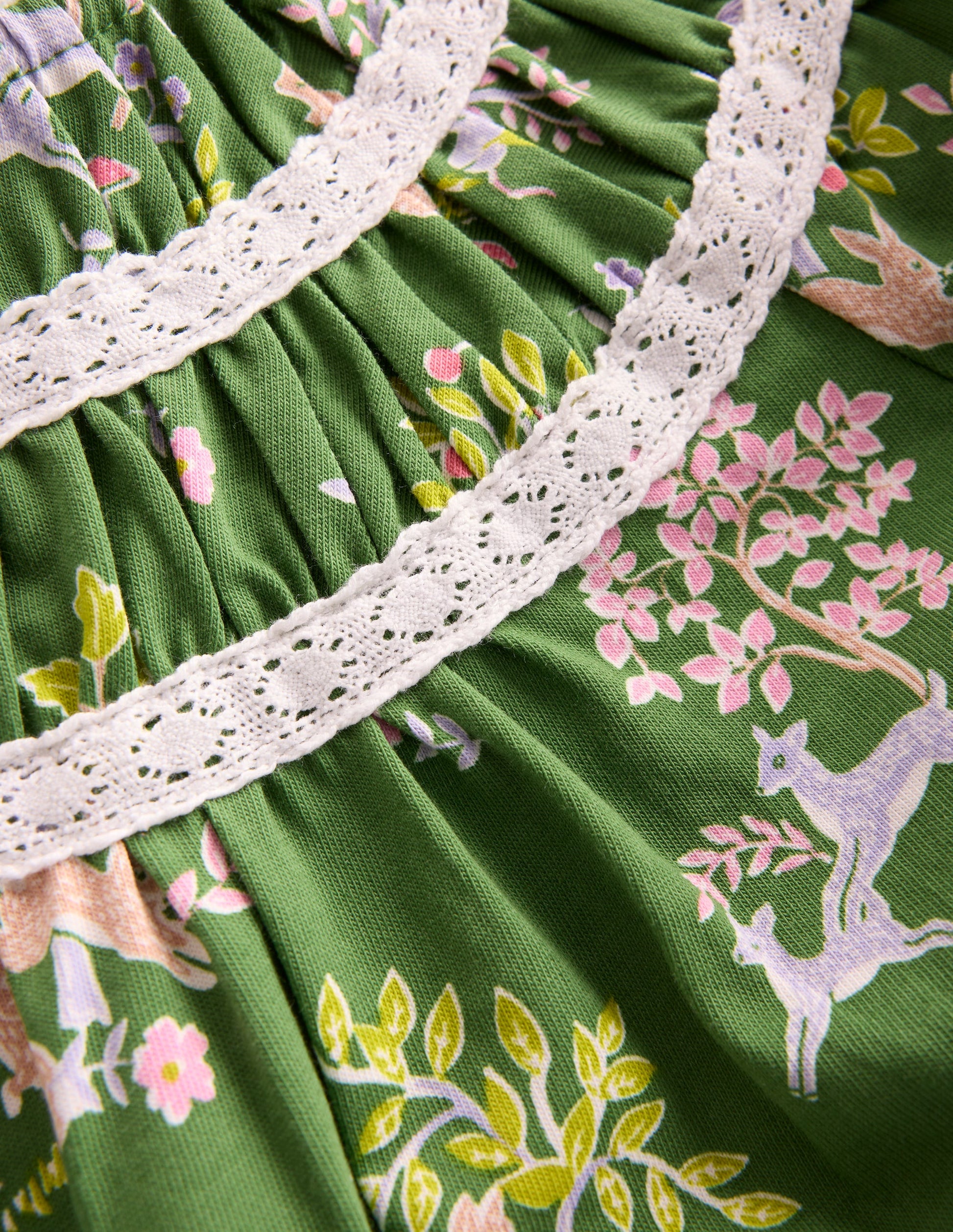 Pretty Lace Trim Jersey Dress-Green Woodland Floral-3