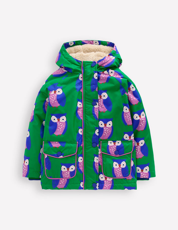 Sherpa Lined Anorak-Rich Emerald Geo Owls