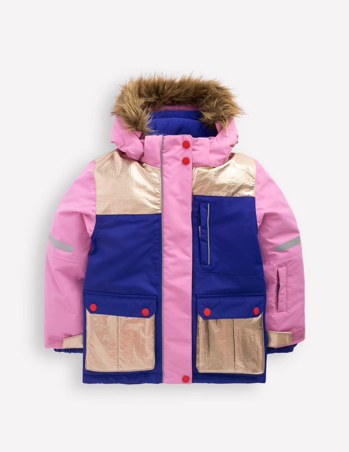 All-weather Waterproof Coat-Pink Metallic Colourblock