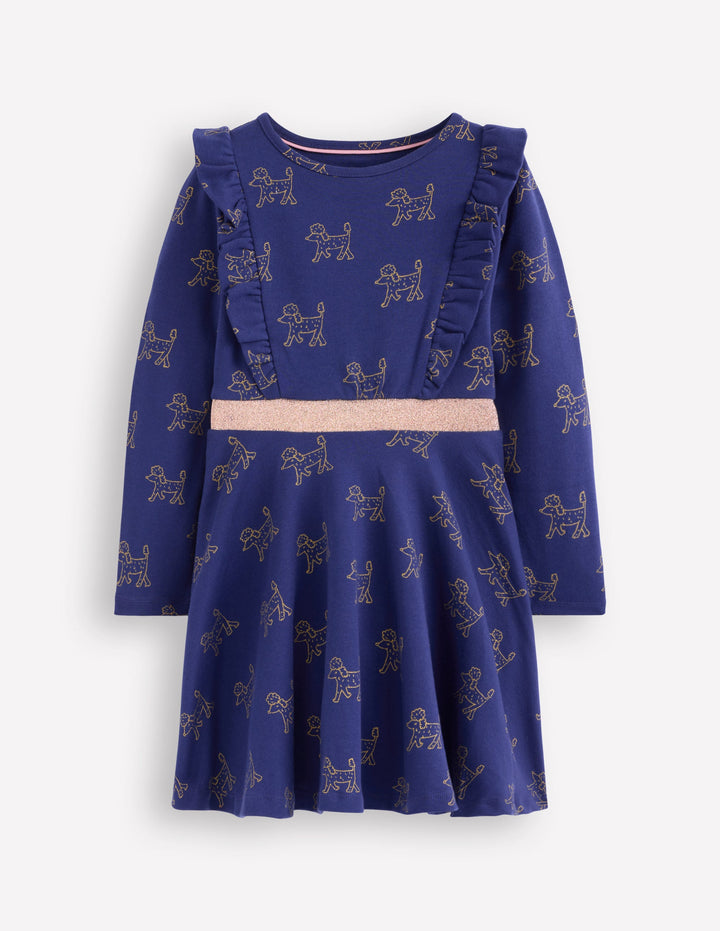 Cora Twirly Jersey Dress-Navy Foil Poodles