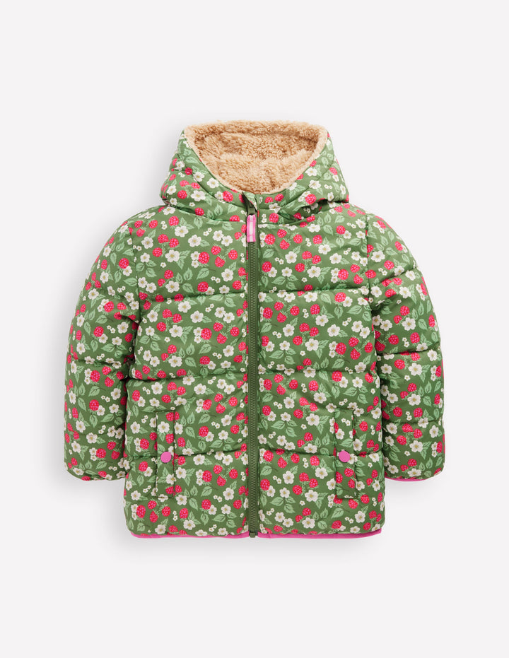 Reversible Padded Borg Coat-Safari Green Vintage Berry